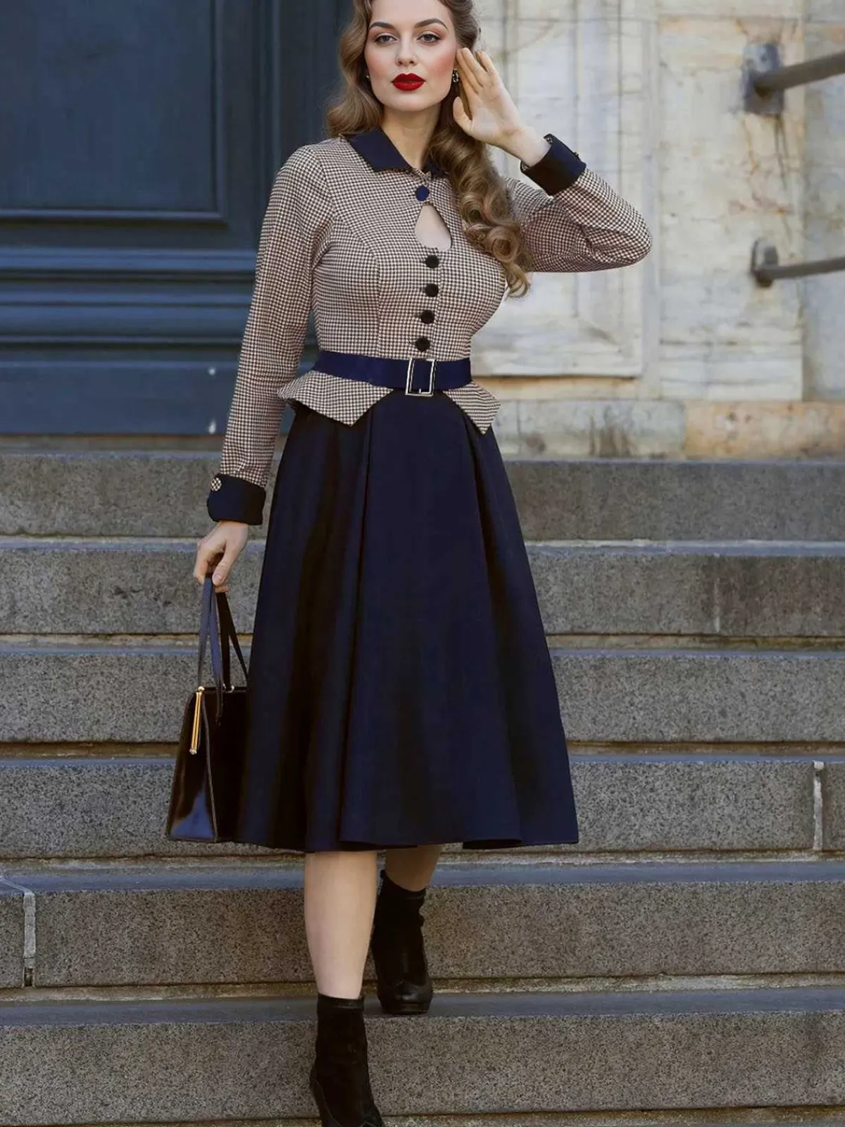 Online Retro Stage 1950s Houndstooth Patchwork Belted Dress Dark Blue