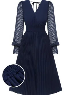 Clearance Retro Stage 1960s Jacquard V-Neck Bishop Sleeve Dress Dark Blue