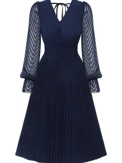 Clearance Retro Stage 1960s Jacquard V-Neck Bishop Sleeve Dress Dark Blue