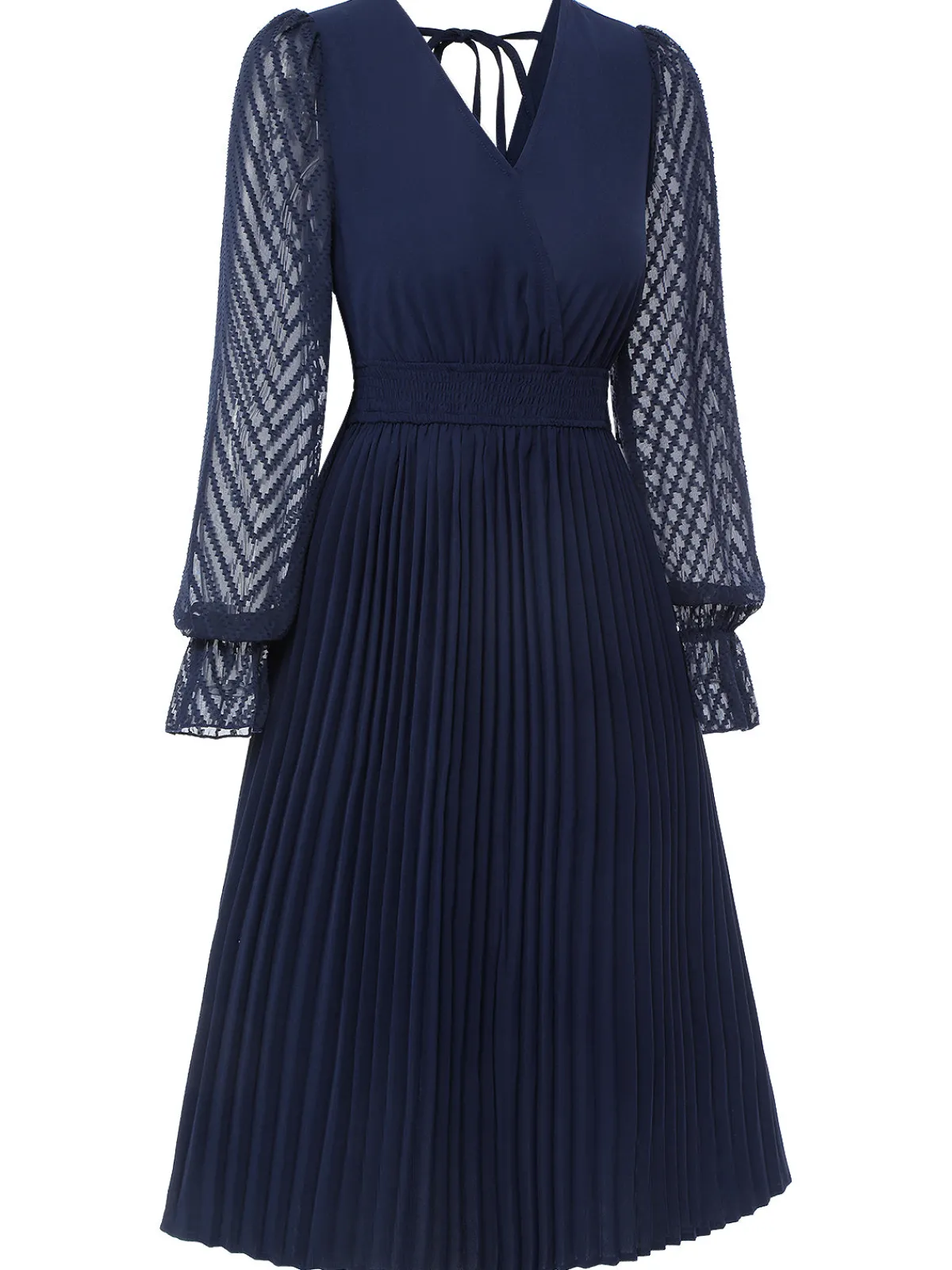 Clearance Retro Stage 1960s Jacquard V-Neck Bishop Sleeve Dress Dark Blue