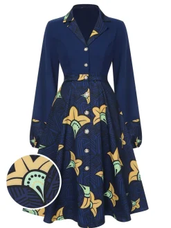 Sale Retro Stage 1940s Lapel Cartoon Floral Dress Dark Blue