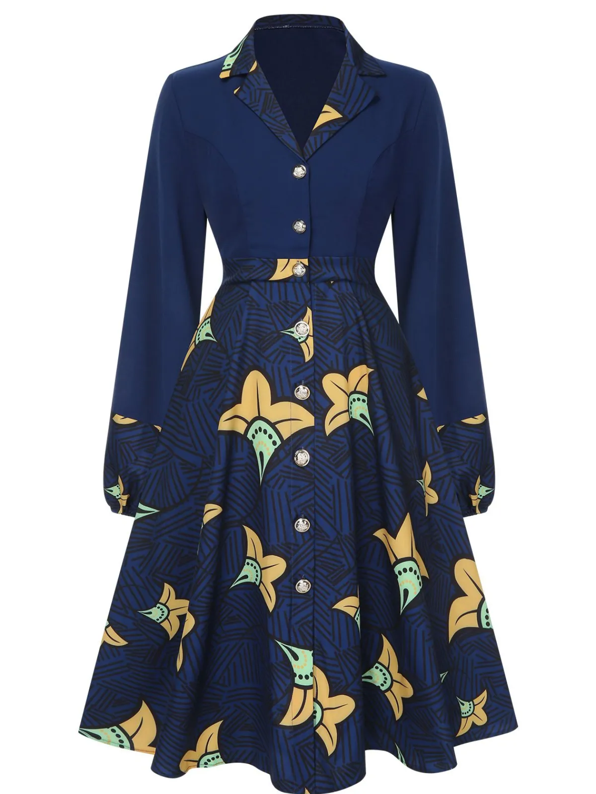Sale Retro Stage 1940s Lapel Cartoon Floral Dress Dark Blue