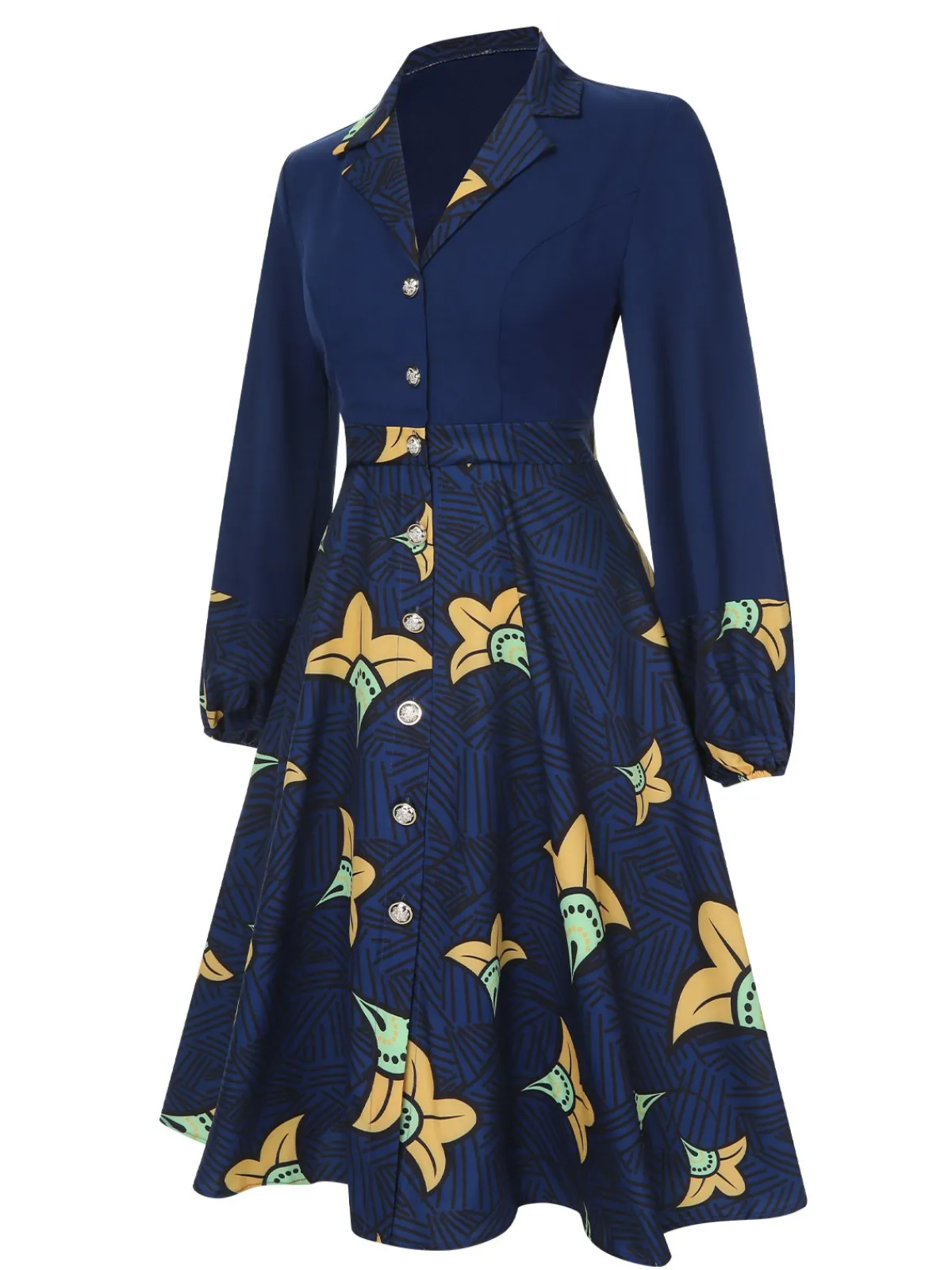 Sale Retro Stage 1940s Lapel Cartoon Floral Dress Dark Blue
