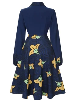 Sale Retro Stage 1940s Lapel Cartoon Floral Dress Dark Blue