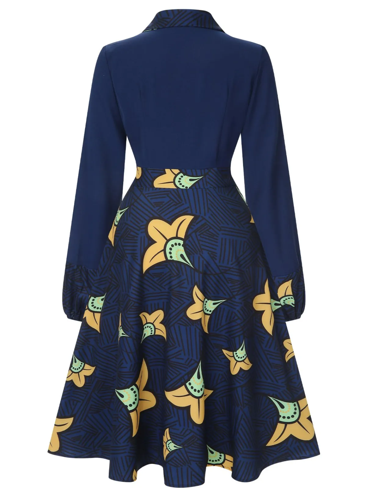 Sale Retro Stage 1940s Lapel Cartoon Floral Dress Dark Blue