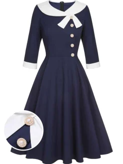 Discount Retro Stage 1950s Lapel Patchwork Dress Dark Blue