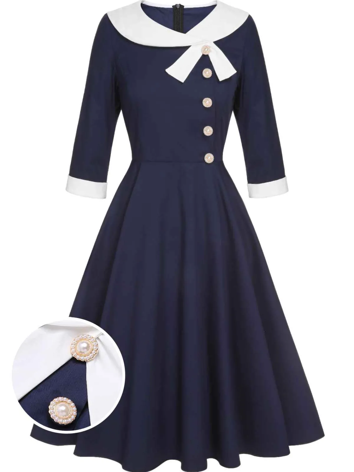 Discount Retro Stage 1950s Lapel Patchwork Dress Dark Blue