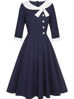 Discount Retro Stage 1950s Lapel Patchwork Dress Dark Blue
