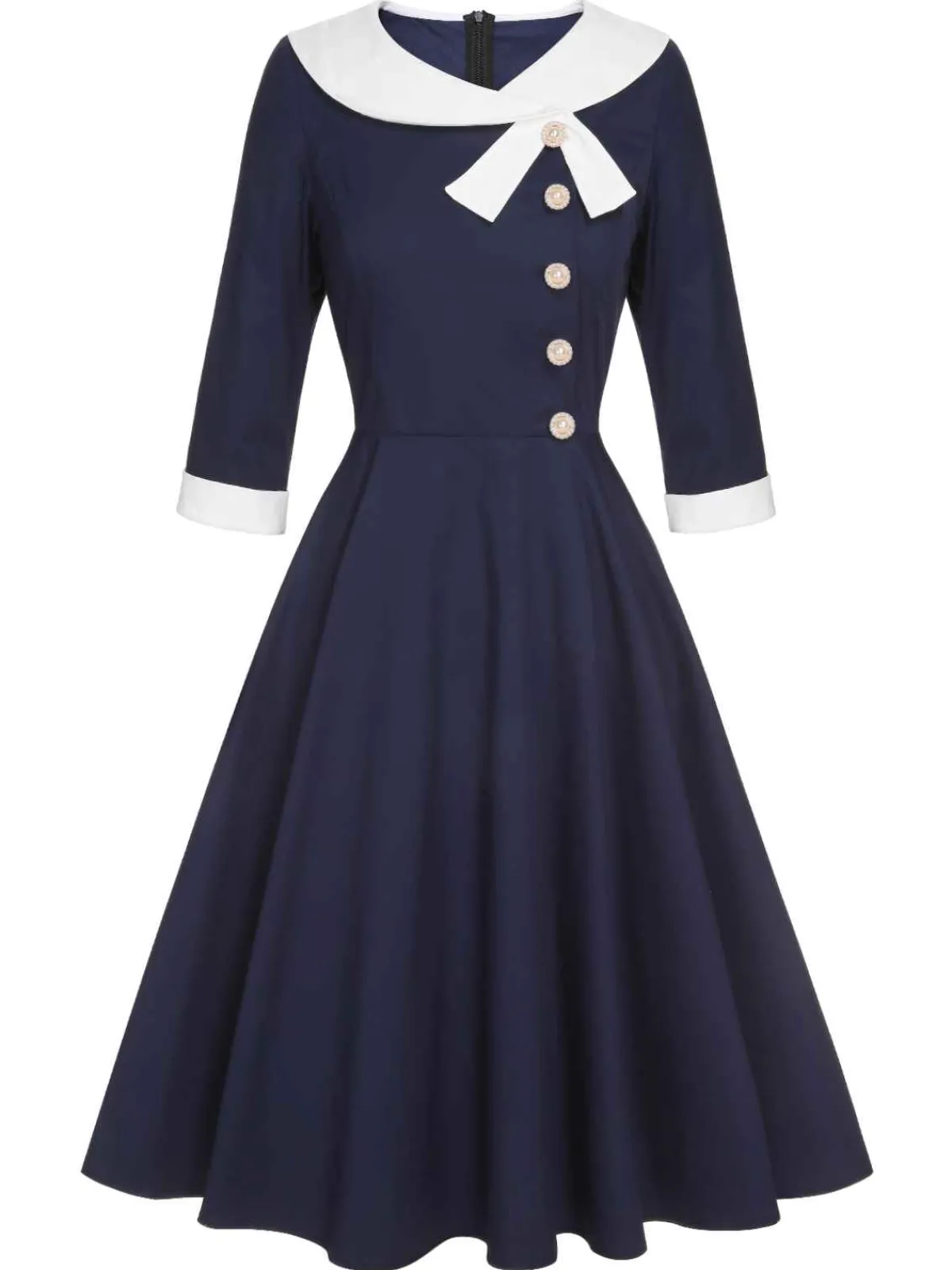 Discount Retro Stage 1950s Lapel Patchwork Dress Dark Blue