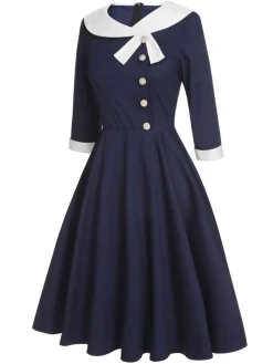Discount Retro Stage 1950s Lapel Patchwork Dress Dark Blue