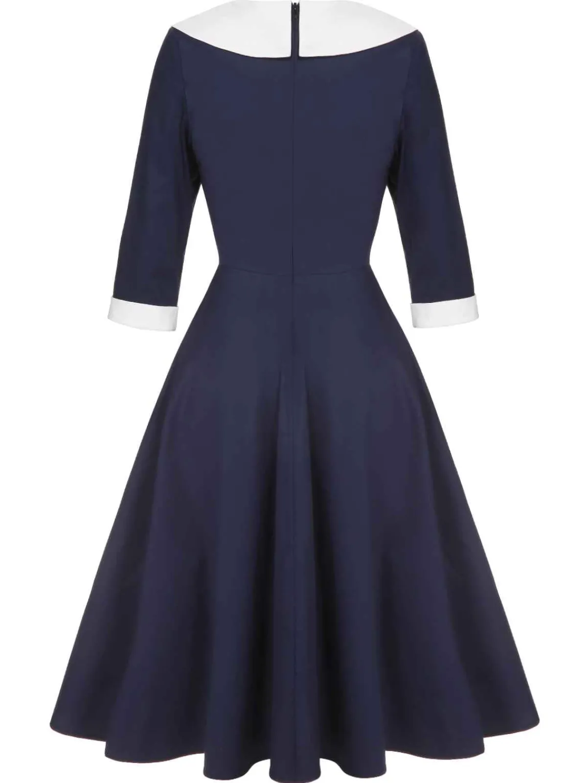 Discount Retro Stage 1950s Lapel Patchwork Dress Dark Blue