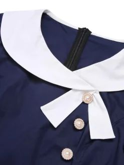 Discount Retro Stage 1950s Lapel Patchwork Dress Dark Blue
