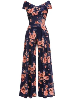 Best Retro Stage 1960s Off-Shoulder Floral Jumpsuit Dark Blue