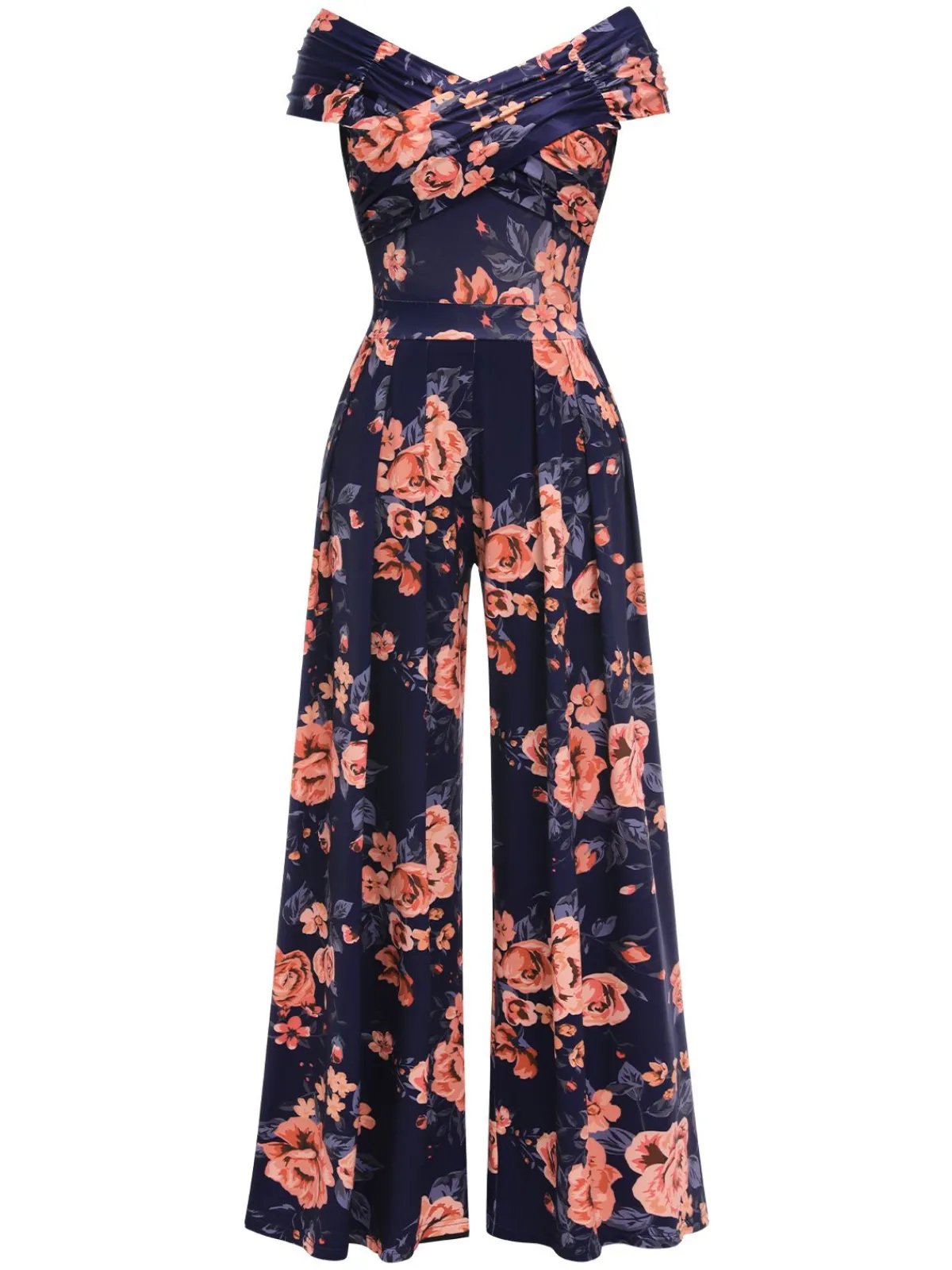 Best Retro Stage 1960s Off-Shoulder Floral Jumpsuit Dark Blue