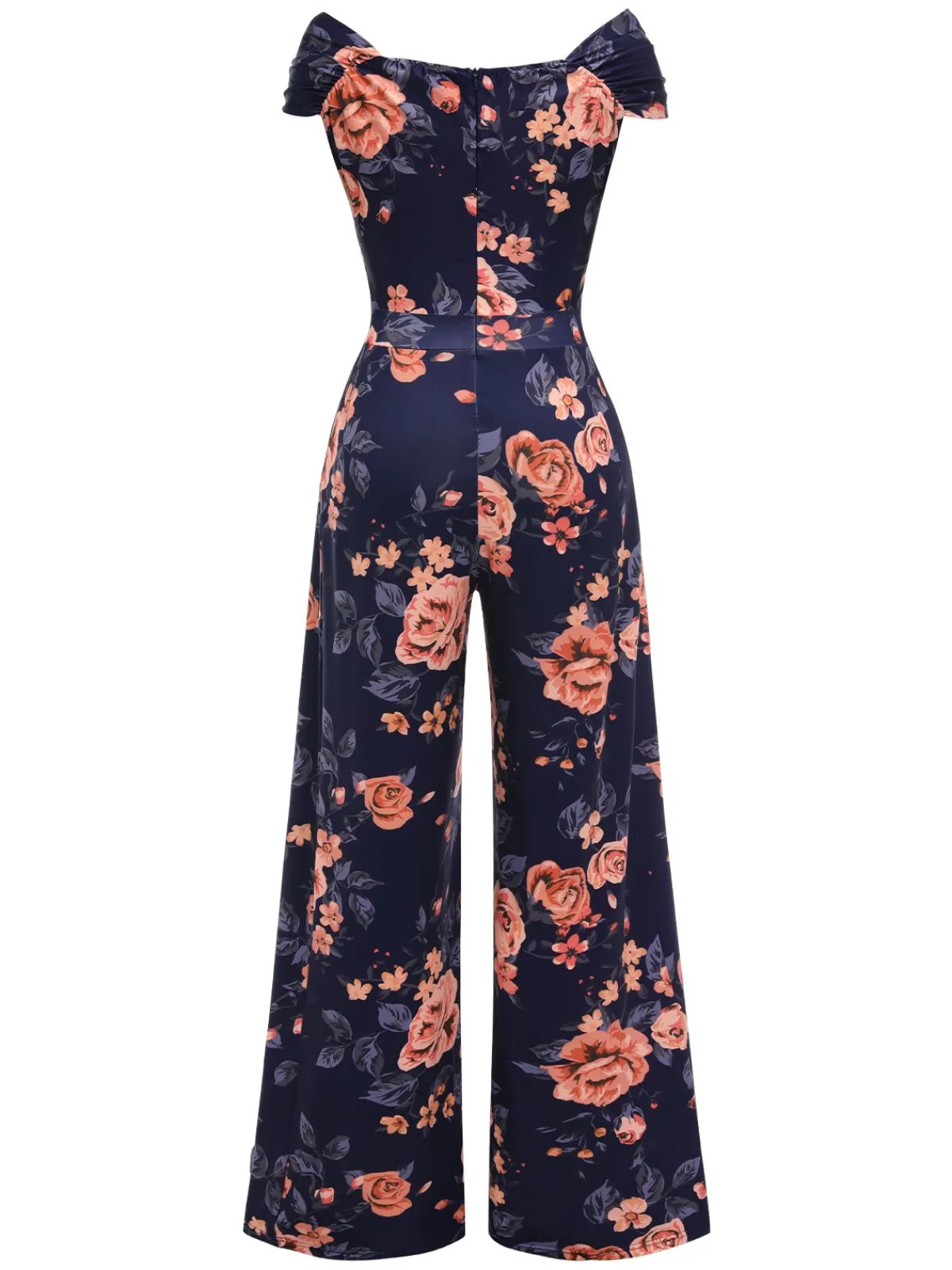 Best Retro Stage 1960s Off-Shoulder Floral Jumpsuit Dark Blue