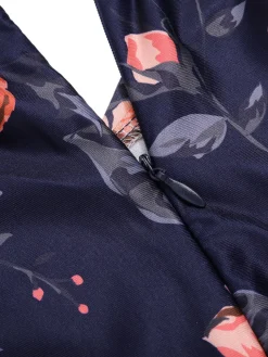Best Retro Stage 1960s Off-Shoulder Floral Jumpsuit Dark Blue