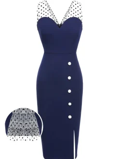 Discount Retro Stage 1960s Patchwork Pencil Dress Dark Blue