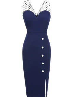 Discount Retro Stage 1960s Patchwork Pencil Dress Dark Blue