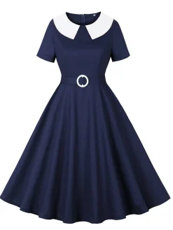 Online Retro Stage 1950s Peter Pan Collar Solid Dress Dark Blue