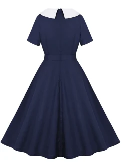 Online Retro Stage 1950s Peter Pan Collar Solid Dress Dark Blue