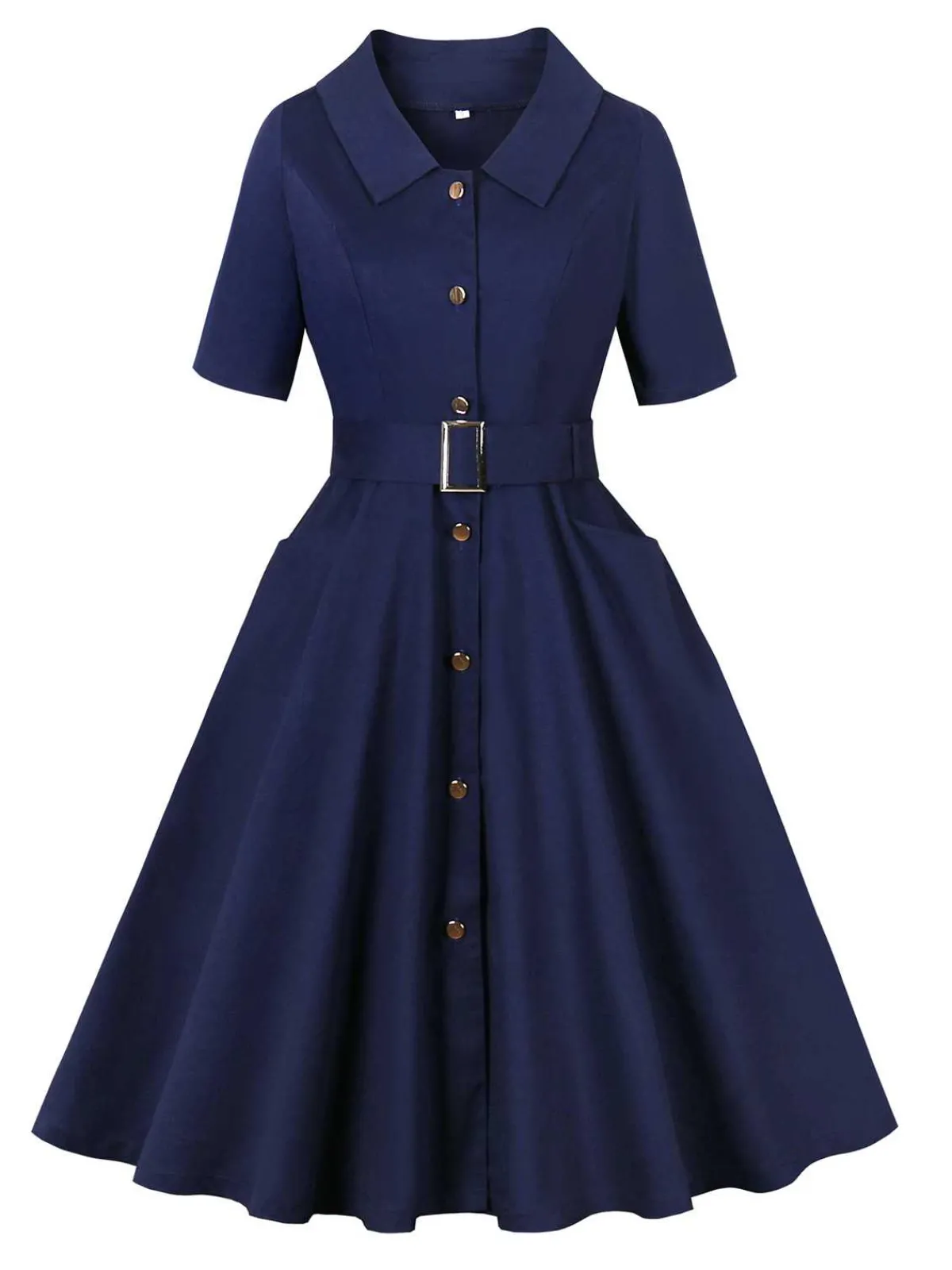 New Retro Stage 1950s Peter Pan Collar Belted Dress Dark Blue