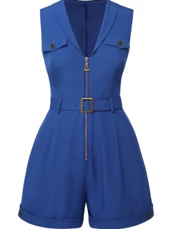 Hot Retro Stage 1940s Pockets Lapel Romper Dark Blue