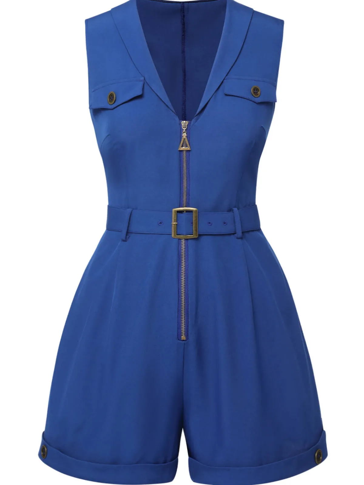 Hot Retro Stage 1940s Pockets Lapel Romper Dark Blue