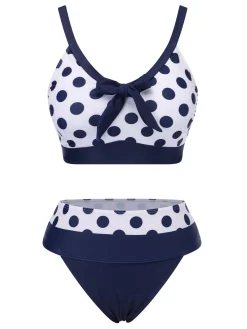 Outlet Retro Stage 1950s Polka Dot Bow Patchwork Bikini Set Dark Blue