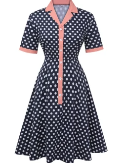 Fashion Retro Stage 1950s Polka Dot Lapel Dress Dark Blue