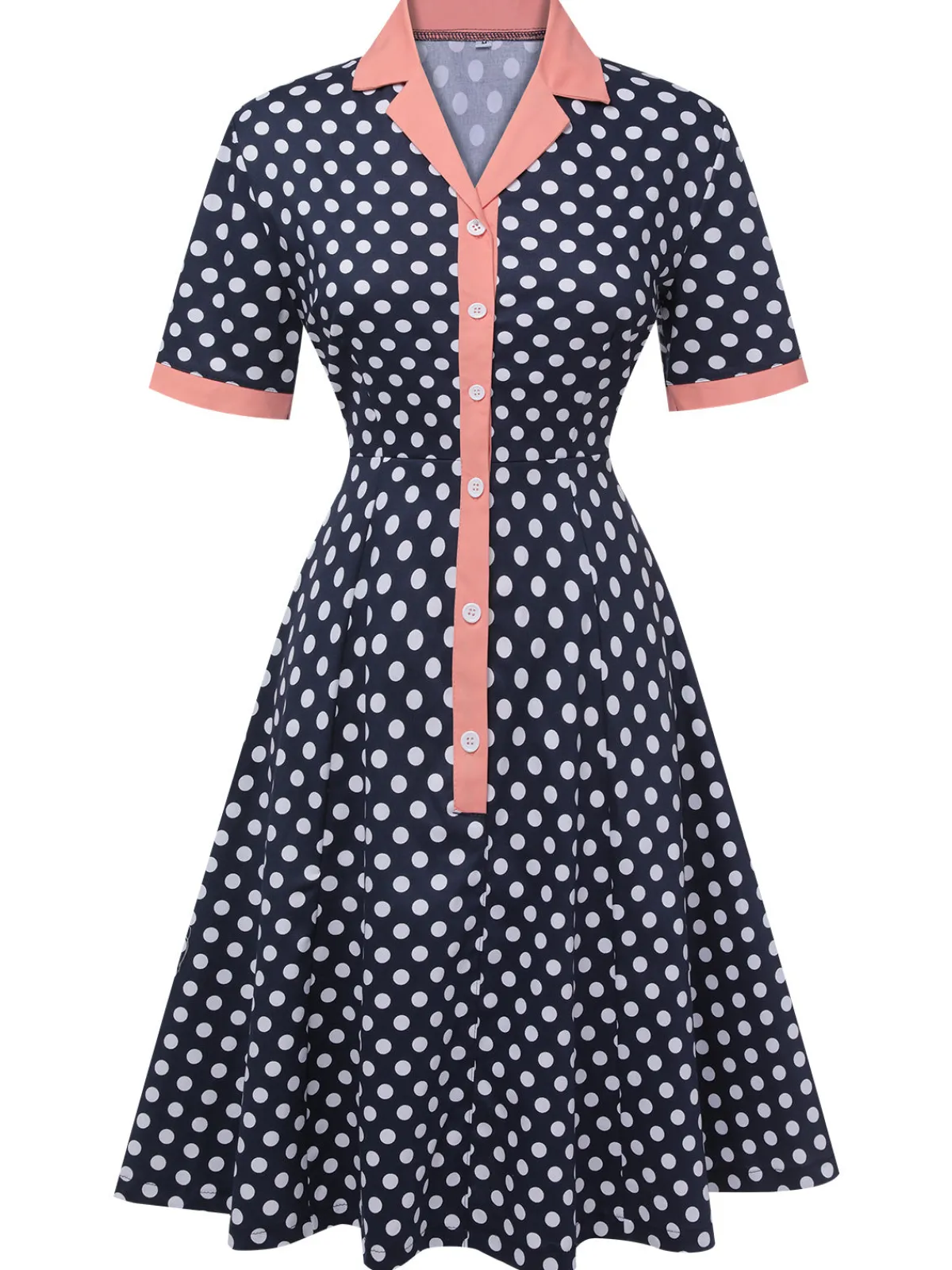 Fashion Retro Stage 1950s Polka Dot Lapel Dress Dark Blue