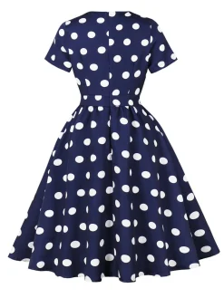 New Retro Stage 1950s Polka Dot Swing Dress Dark Blue
