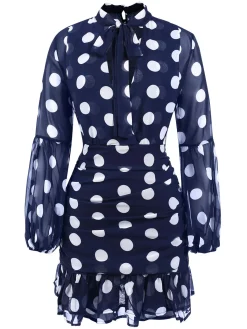 Clearance Retro Stage 1930s Polka Dots Hollow Out Ruffle Dress Dark Blue