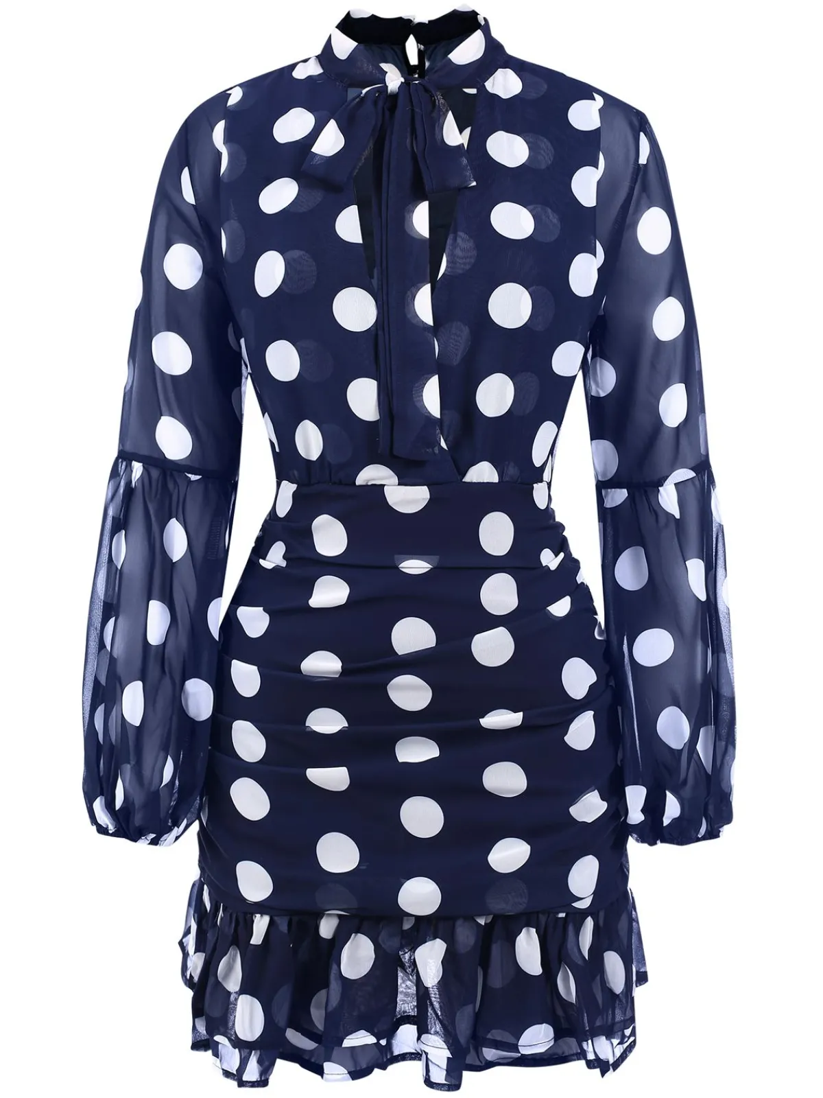 Clearance Retro Stage 1930s Polka Dots Hollow Out Ruffle Dress Dark Blue