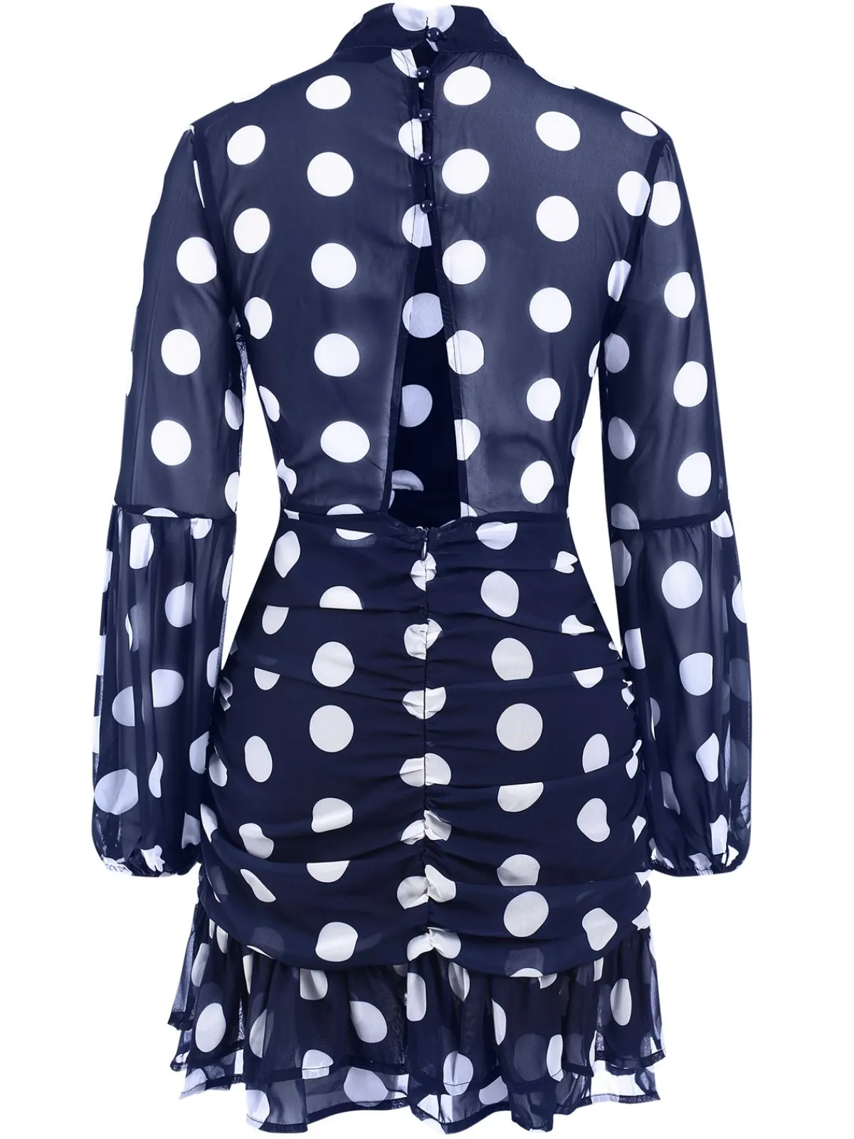 Clearance Retro Stage 1930s Polka Dots Hollow Out Ruffle Dress Dark Blue