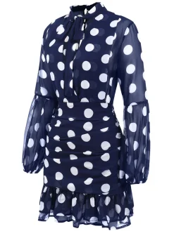 Clearance Retro Stage 1930s Polka Dots Hollow Out Ruffle Dress Dark Blue