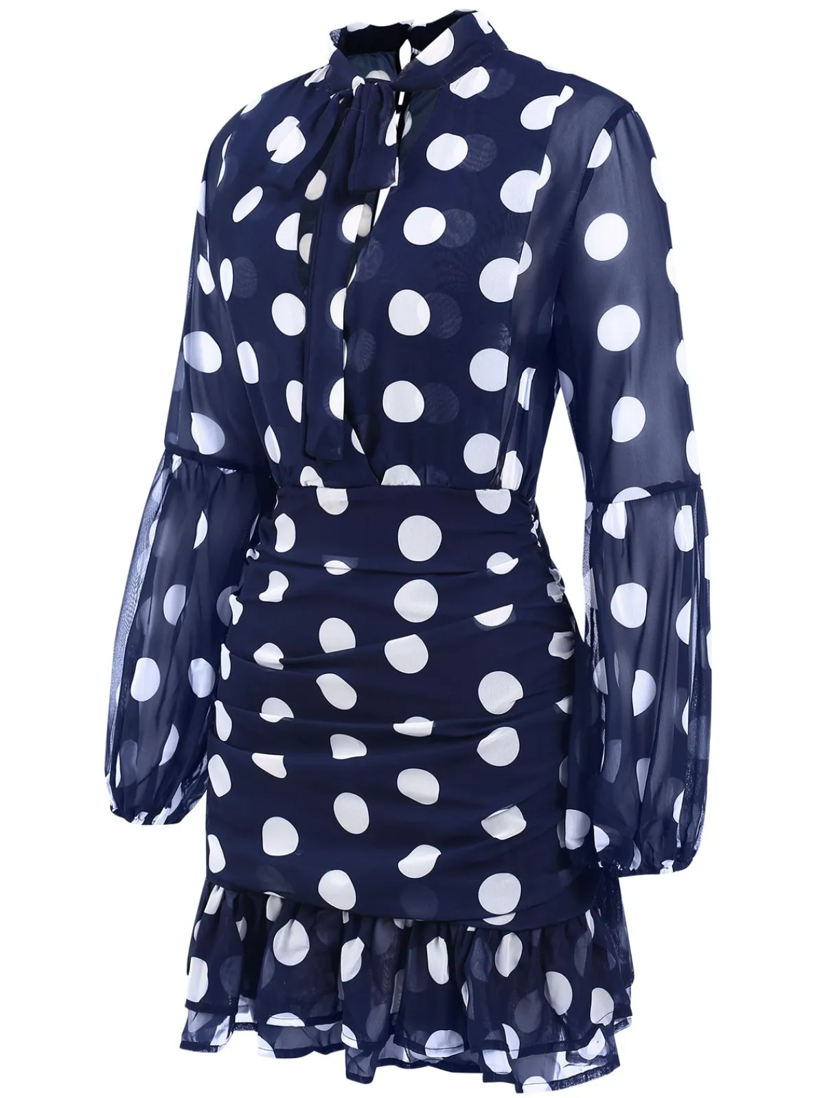 Clearance Retro Stage 1930s Polka Dots Hollow Out Ruffle Dress Dark Blue