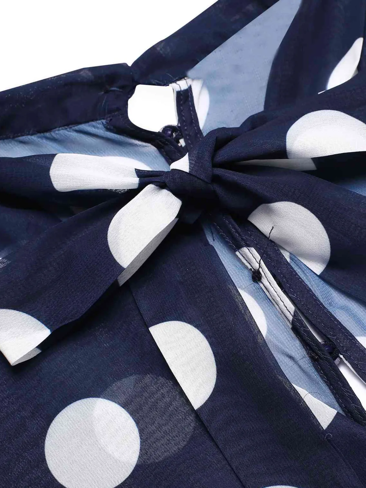 Clearance Retro Stage 1930s Polka Dots Hollow Out Ruffle Dress Dark Blue