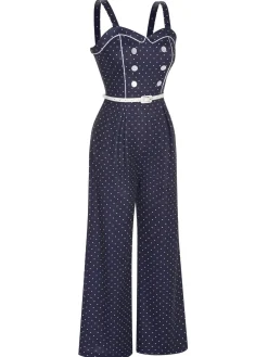 Clearance Retro Stage 1930s Polka Dots Straps Jumpsuit Dark Blue