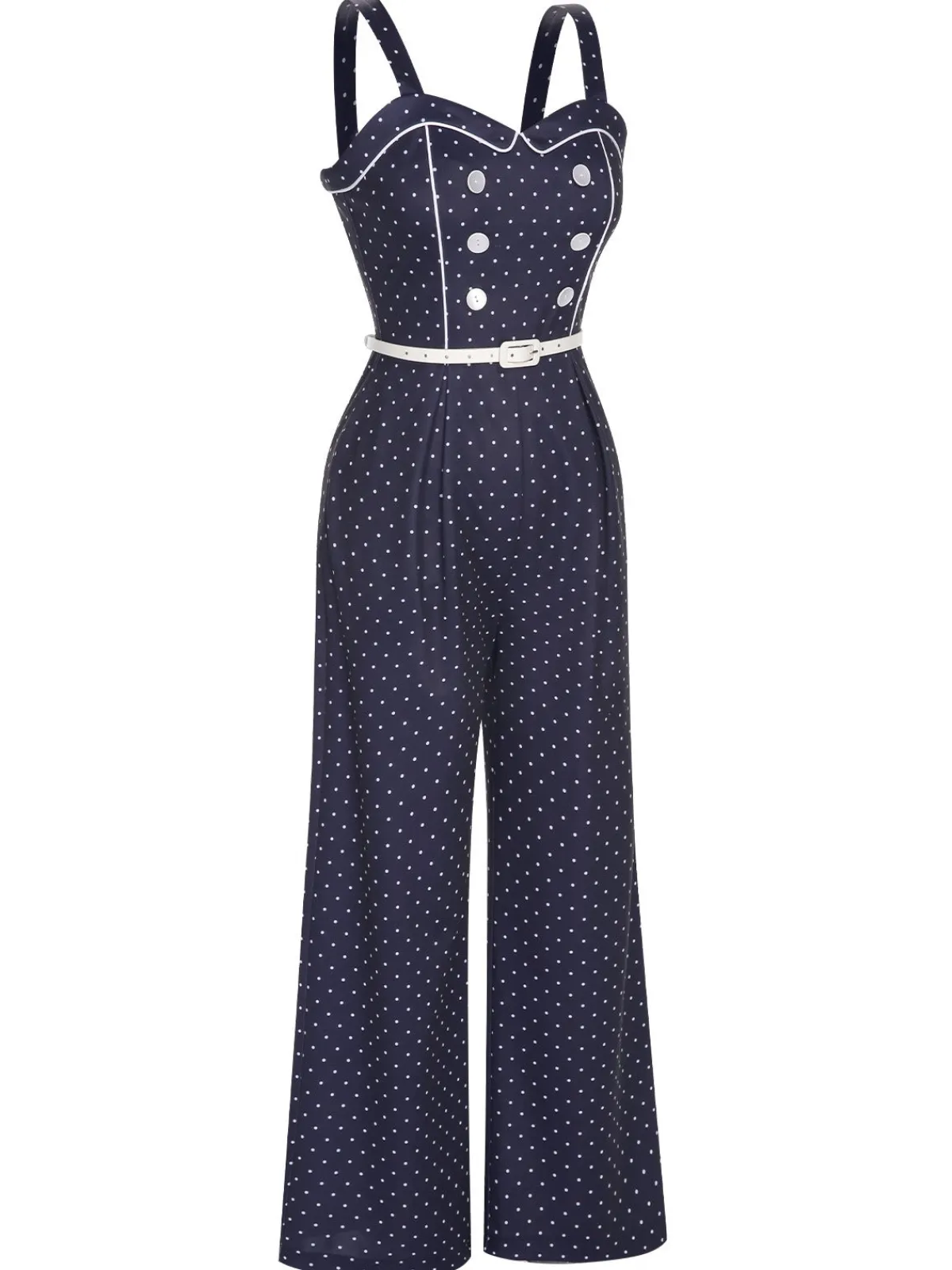 Clearance Retro Stage 1930s Polka Dots Straps Jumpsuit Dark Blue