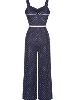 Clearance Retro Stage 1930s Polka Dots Straps Jumpsuit Dark Blue