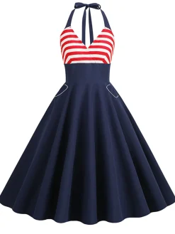 Discount Retro Stage 1950s Red & White Stripes Halter Dress Dark Blue