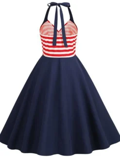 Discount Retro Stage 1950s Red & White Stripes Halter Dress Dark Blue