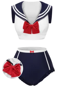 Discount Retro Stage 1970s Sailor Collar Bow Swimsuit Dark Blue
