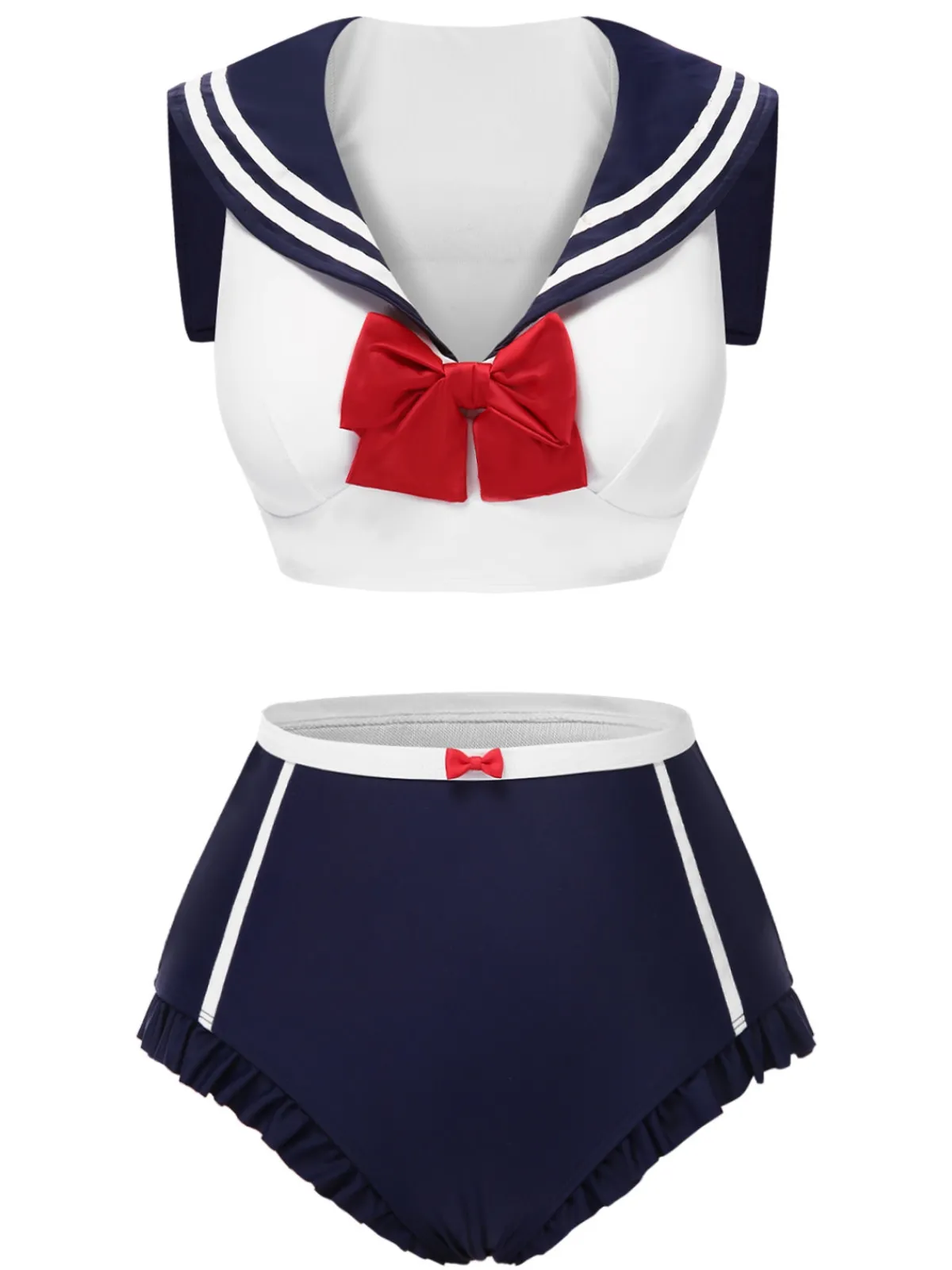 Discount Retro Stage 1970s Sailor Collar Bow Swimsuit Dark Blue