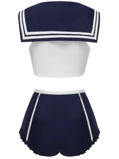 Discount Retro Stage 1970s Sailor Collar Bow Swimsuit Dark Blue