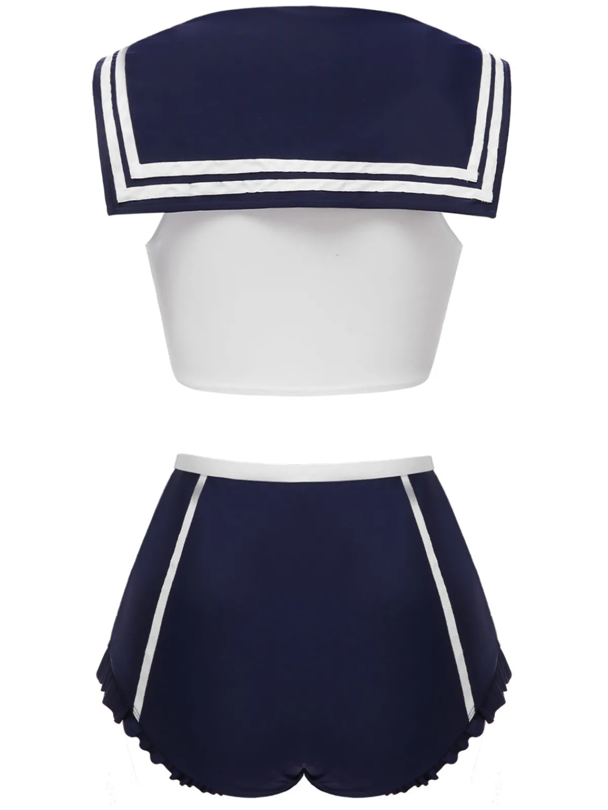 Discount Retro Stage 1970s Sailor Collar Bow Swimsuit Dark Blue