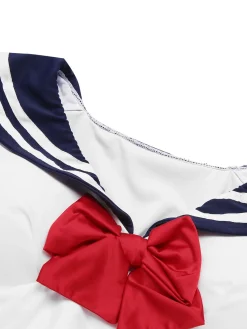 Discount Retro Stage 1970s Sailor Collar Bow Swimsuit Dark Blue
