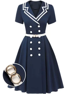 Outlet Retro Stage 1950s Sailor Style Double Breasted Dress Dark Blue