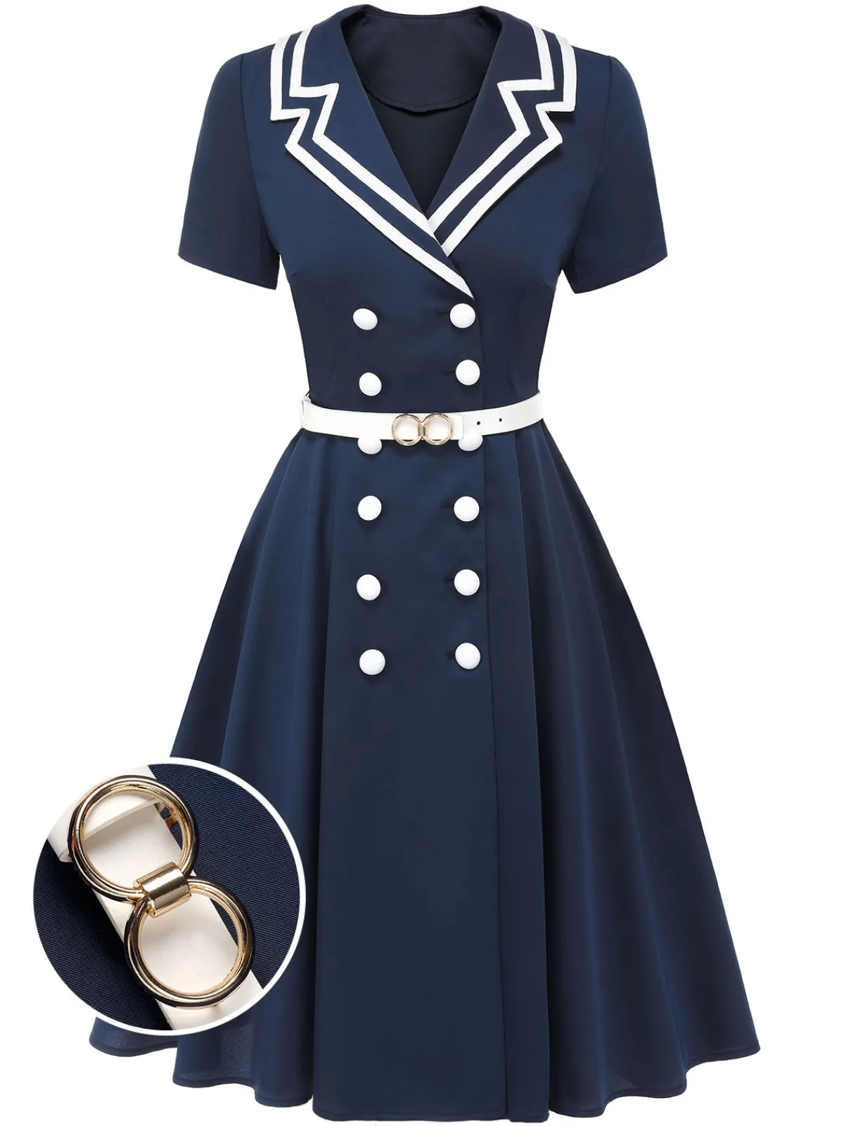 Outlet Retro Stage 1950s Sailor Style Double Breasted Dress Dark Blue