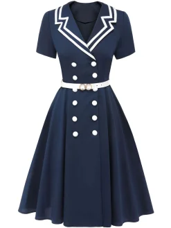 Outlet Retro Stage 1950s Sailor Style Double Breasted Dress Dark Blue